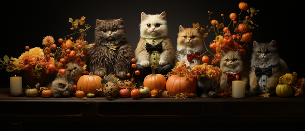 Posh, Elegant Cats in Formal Attire with Beautiful Harvest Table