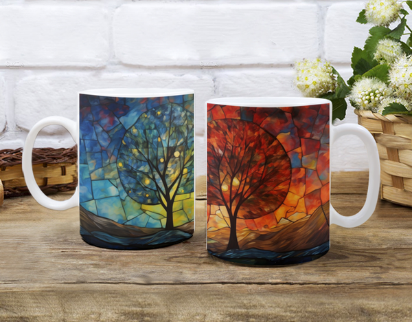 Three Spectacular Fall Maple Trees - Kaleidoscope of the Canopy in Stained Glass  - White Mug 15 or 11 ounce Wraparound
