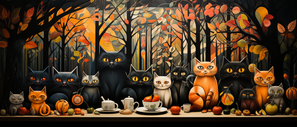 Cat Families at Halloween Dinner with Bright Multicolor Autumn Forest in Avante Garde