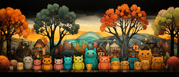 Colorful Fall Scene with Many Smiling Cats