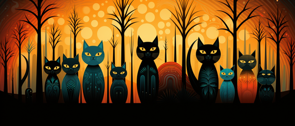 Surreal Cat Family with Beautiful Yellow and Orange Sky
