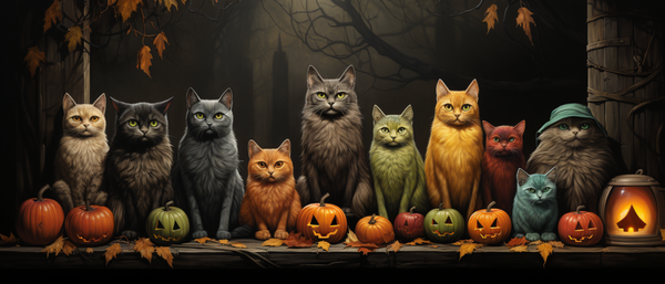 Serious Looking but Colorful Cats and Pumpkins