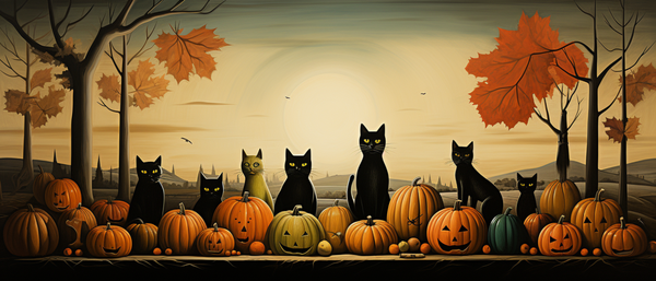 Black Cats and a Green Cat with Pumpkins in Avante Garde