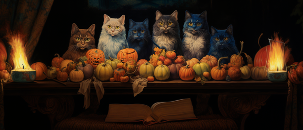 Cat Family with Blue Highlights Eating at Colorful Harvest Table