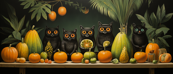 Black Cats at a Luau with a Tropical Harvest Table in Avante Garde