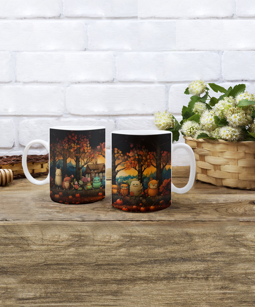 Quaint Fall Scene with Many Colorful Cats A.S. - White Wrap Around Mug