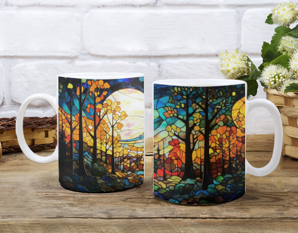 Stained Glass Colorful Starry Autumn Night - White 15 or 11 ounce Wraparound Mug - All Colors