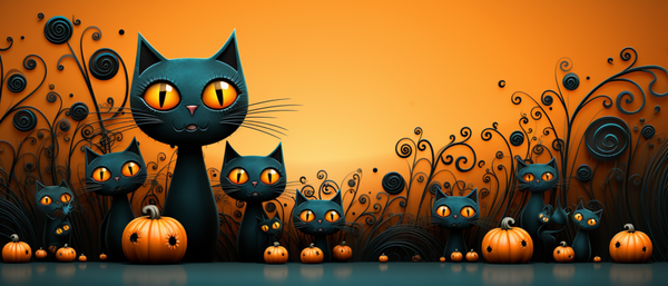 Dark Green Cat Family with Pumpkins Beautiful Orange Sky