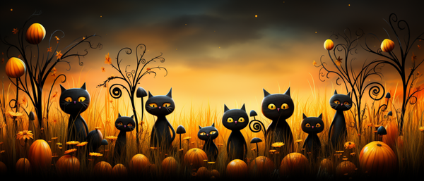 Black Cats in a Pumpkin Patch with Sunset Sky
