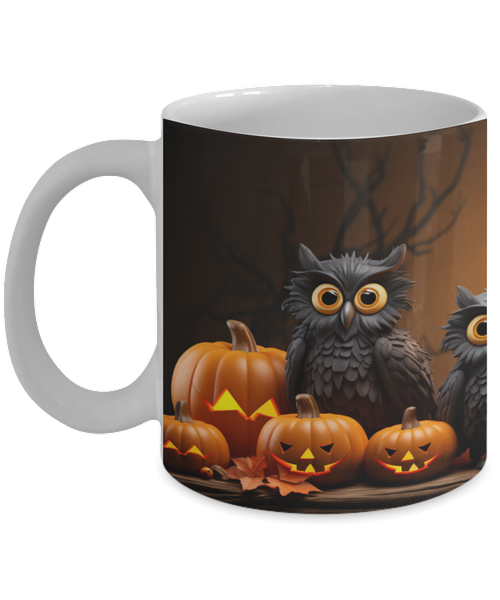 Cute Wide Eyed Black Owls with Pumpkins and Animated Look