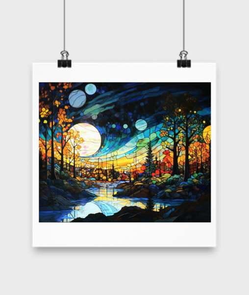Stained Glass Poster: Starry Autumn Night - 10x10, 12x12, 14x14 or 16x16 Poster