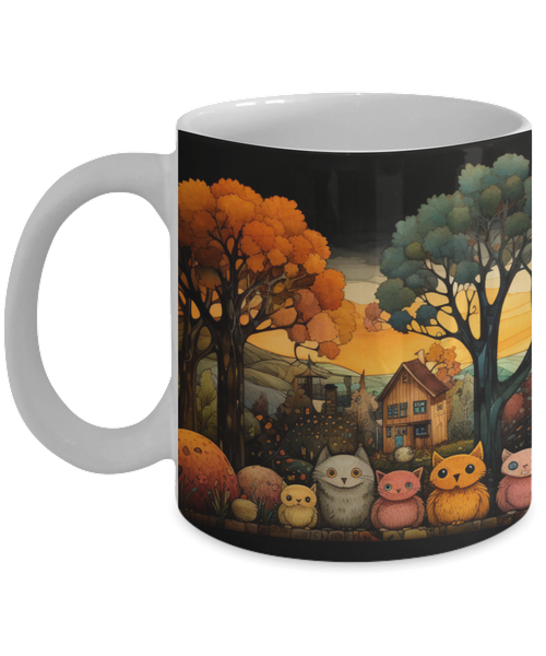 Colorful Fall Scene with Many Smiling Cats