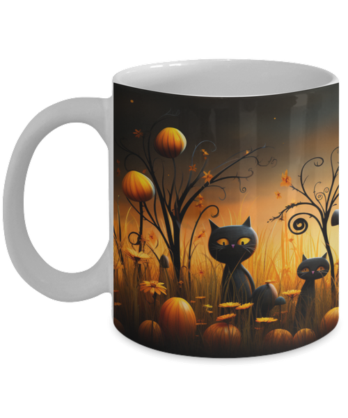 Black Cats in a Pumpkin Patch with Sunset Sky