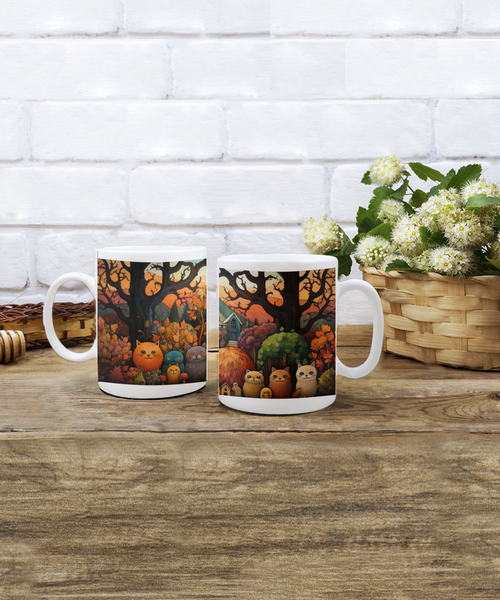 Colorful Fall Scene with Many Mischievous Cats A.S. - White Wrap Around Mug