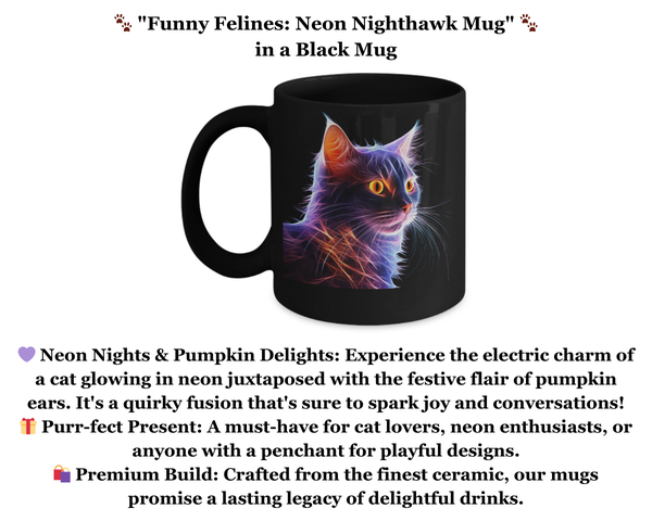 Cat in Purple Neon with Pumpkin Ears Black Mug