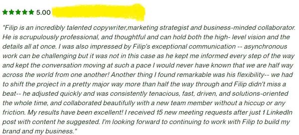 Testimonial For Filip Stojkov's Copywriting Skills From Karen (KMesh) Meshkov