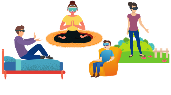 people undergoing virtual reality therapy in different environments: in bed, in an armchairs, while meditating on a rug, outside in the garden