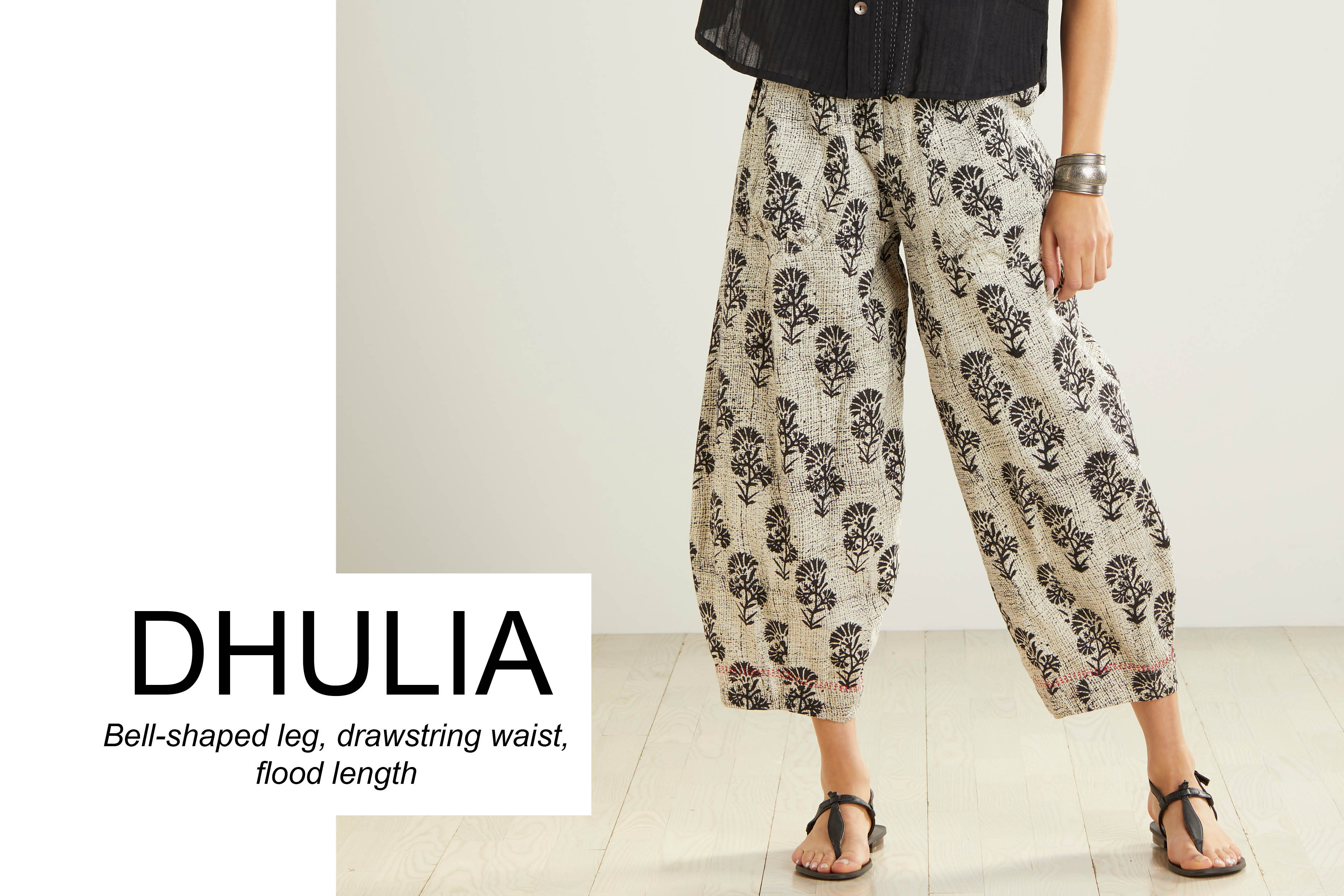 DHULIA. Bell-shaped leg, drawstring waist, flood length