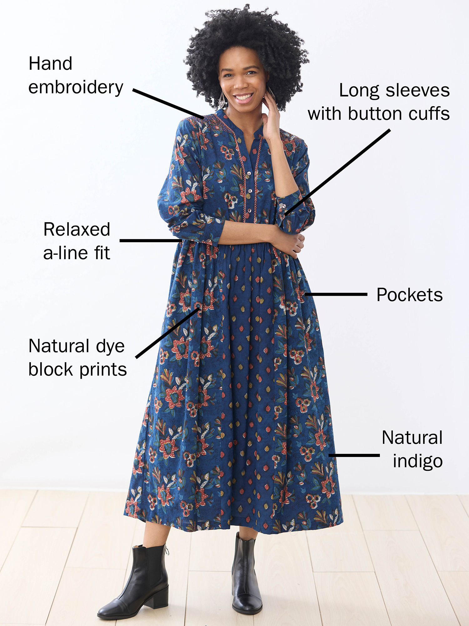 Natural dye block prints Relaxed a-line fit Hand embroidery  Pockets Long sleeves with button cuffs