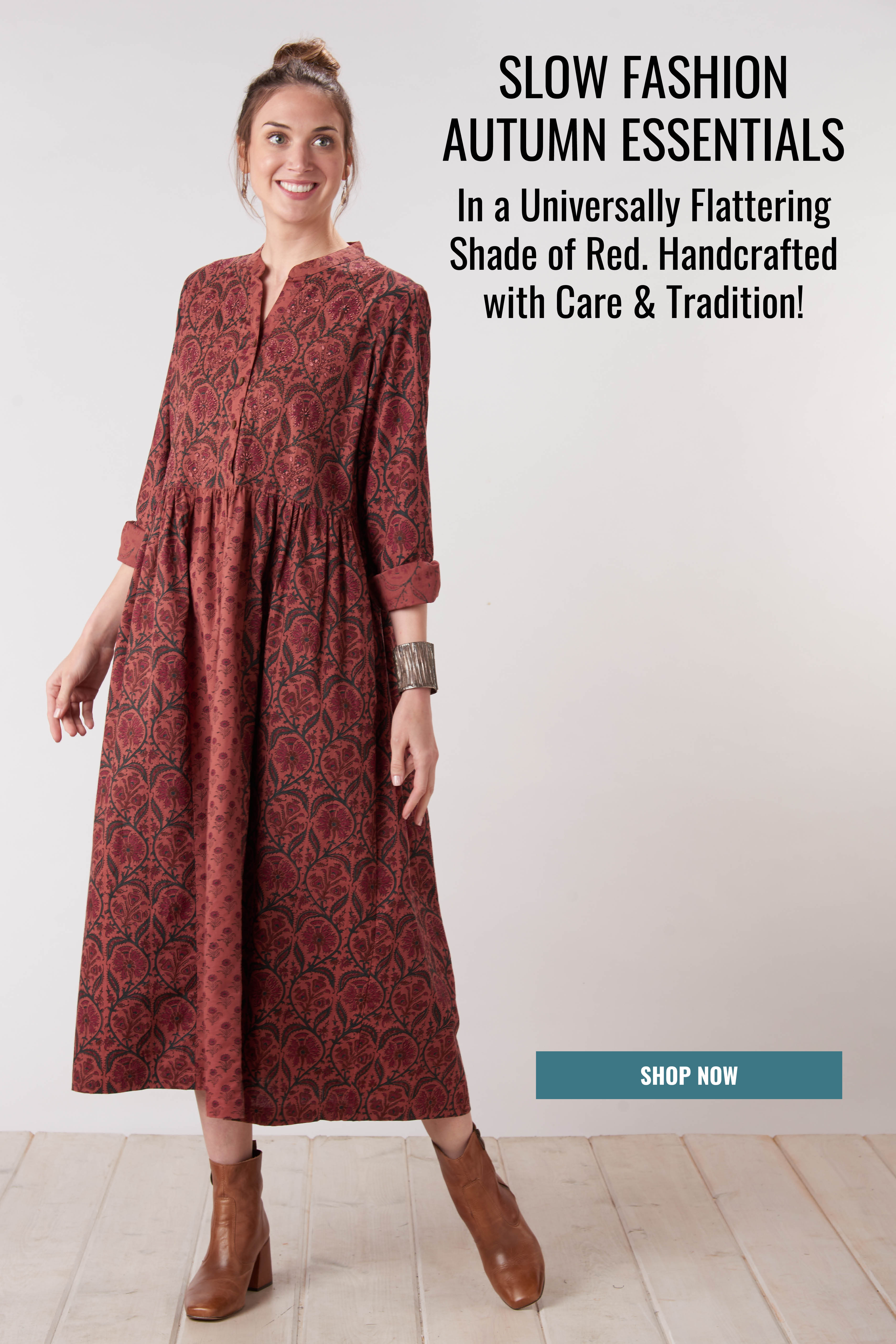 SLOW FASHION AUTUMN ESSENTIALS. In a Universally Flattering Shade of Red. Handcrafted with Care & Tradition! SHOP NOW