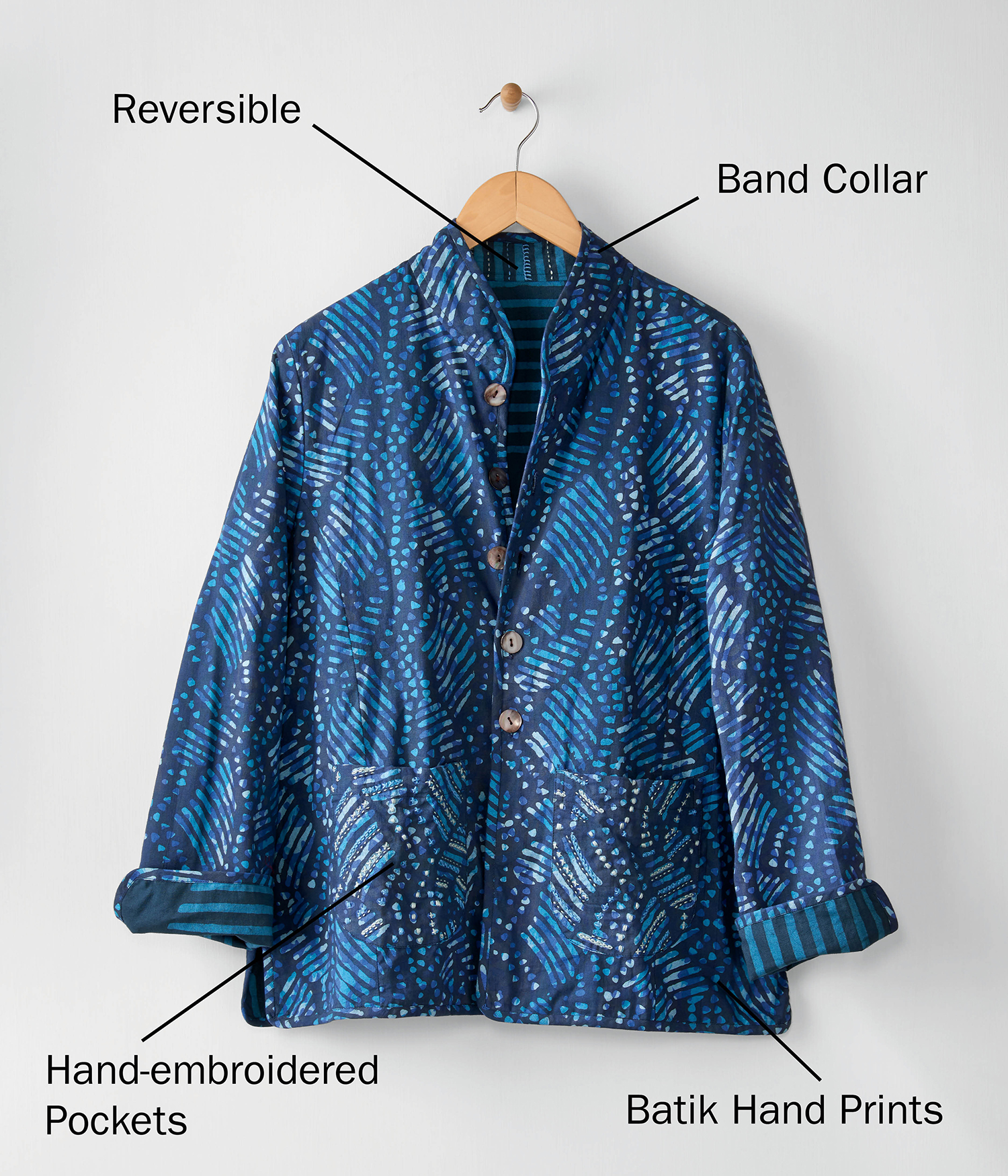 Reversible Band Collar Hand-embroidered Pockets Batik Hand Prints