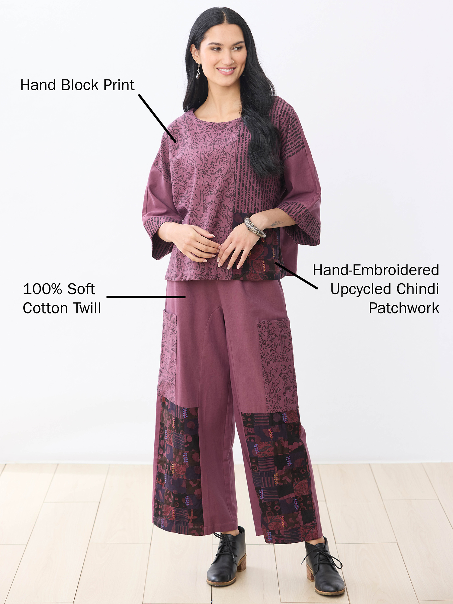 Hand Block Print 100% Soft Cotton Twill Hand-Embroidered Upcycled Chindi Patchwork