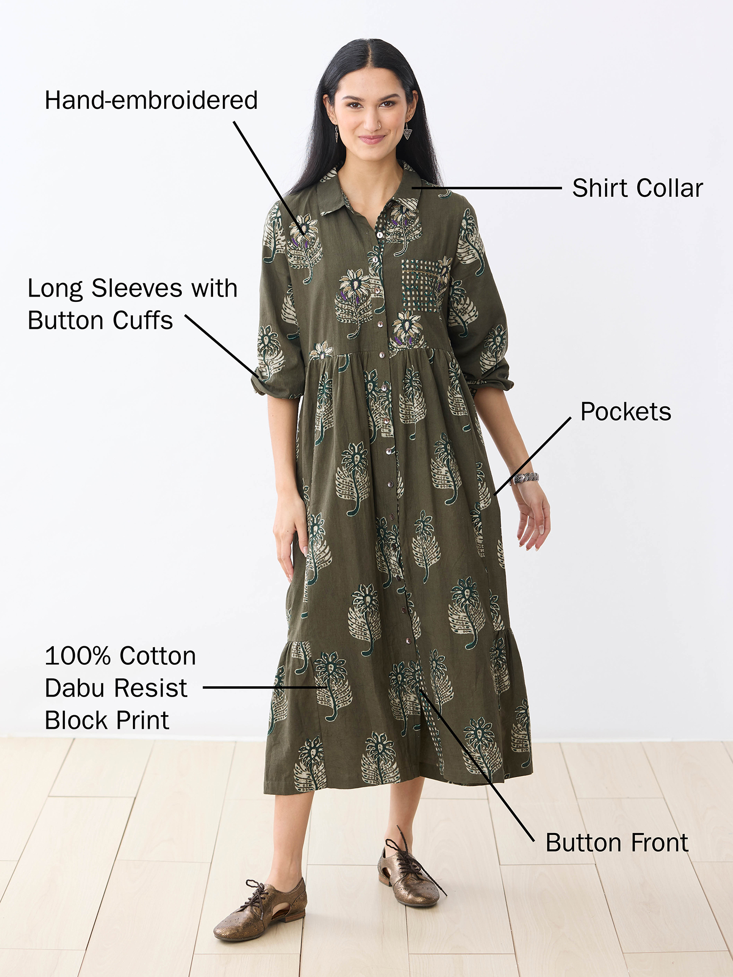 Hand-embroidered 100% Cotton Dabu Resist Block Print  Pockets Long Sleeves with Button Cuffs Shirt Collar  Button Front 