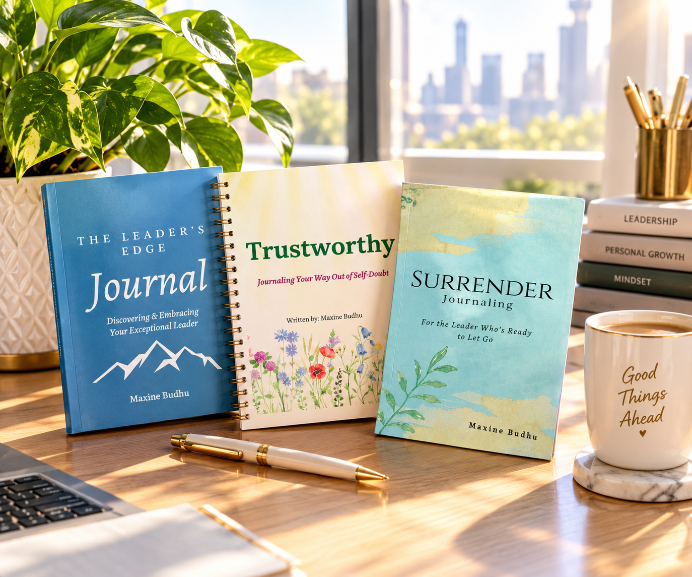 Three ExceptionaLeader reflective journals — The Leader's Edge, Trustworthy, and Surrender Journaling by Maxine Budhu — displayed on a sunlit desk.