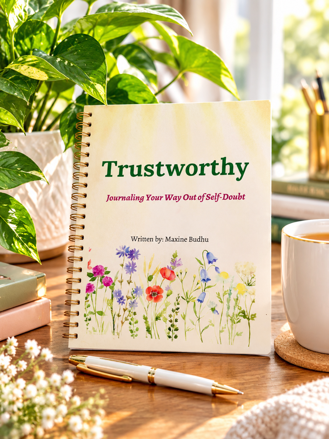 The Trustworthy journal by Maxine Budhu — Journaling Your Way Out of Self-Doubt — resting on a sunlit desk beside a plant and a cup of tea.