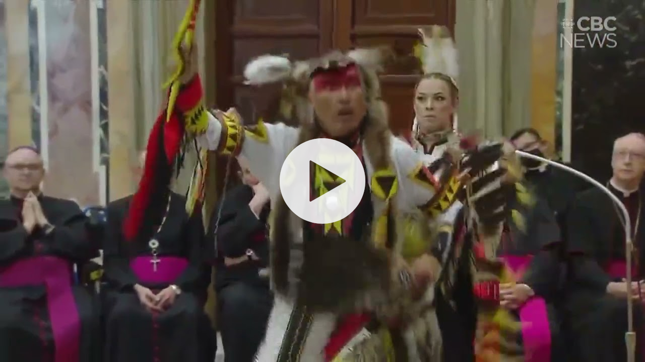 Kevin Haywahe dances during the historic meeting between Pope Francis and Indigenous Peoples