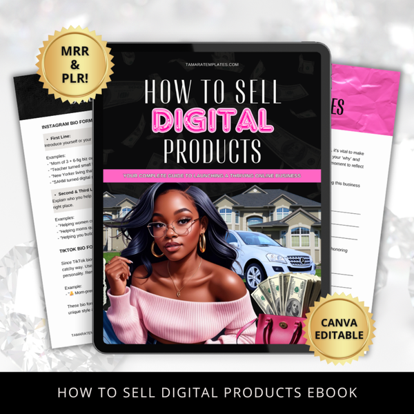 How To Sell Digital Products eBook with MRR and PLR rights. Black and pink aesthetic cover.