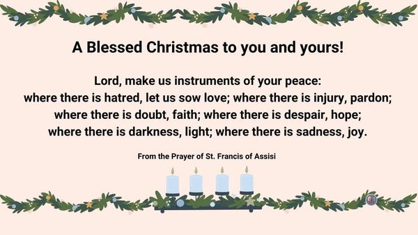 Green garland framing text, four candles