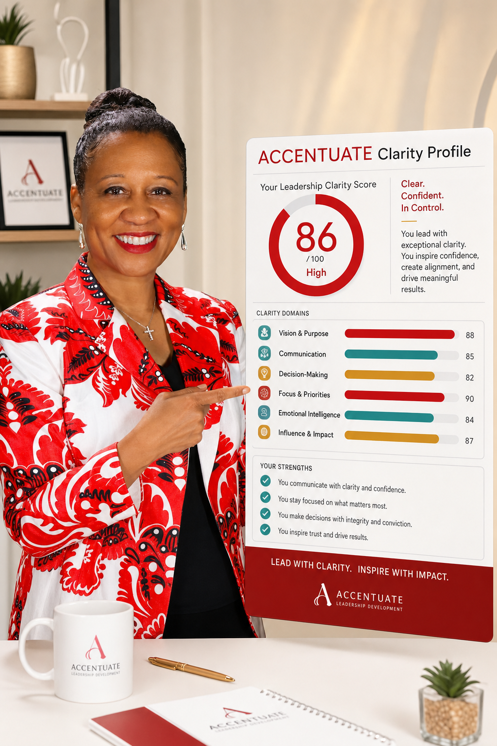 Dr. Rita Felton pointing to the ACCENTUATE Clarity Profile assessment