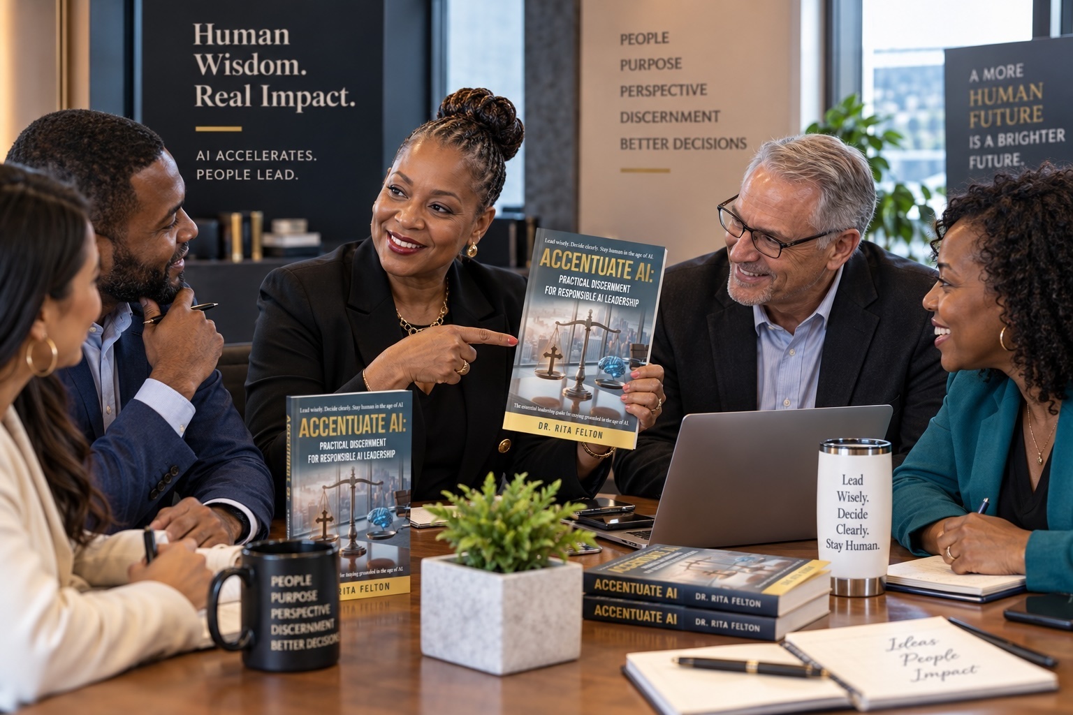 Dr. Rita Felton presenting Accentuate AI to a leadership team around a boardroom table, discussing human-led decisions in an AI-enabled world.