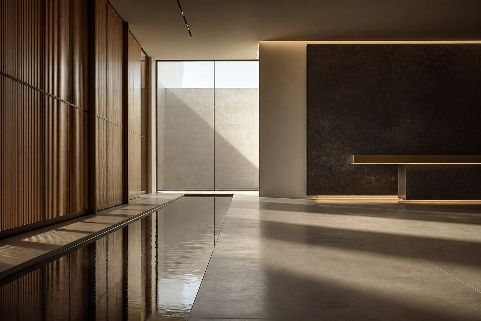 Still shallow architectural water channel across honed stone floor with warm wood screens and soft daylight