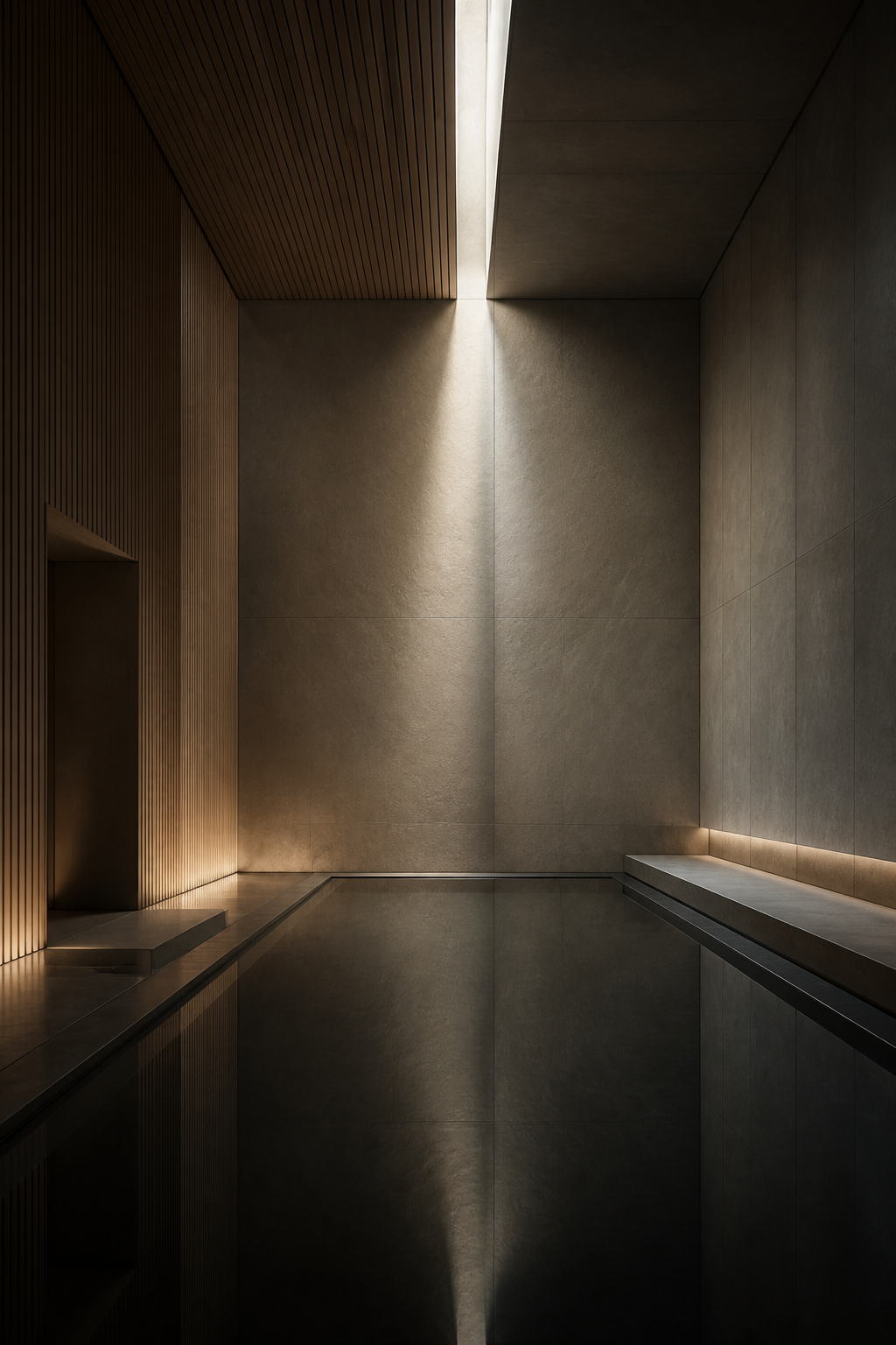 Still, dark reflective bathing pool set in warm wood and natural stone, lit by a soft shaft of daylight