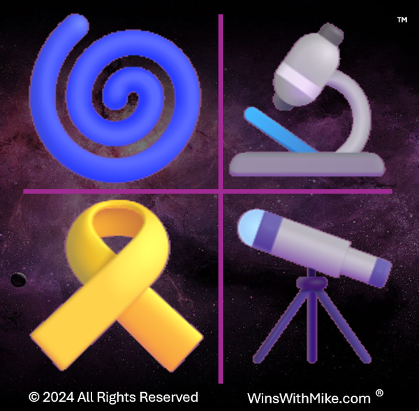 winswithmike.com logo with cyclone, yellow ribbon, microsope, telescope, copyright 2024 all rights reserved.