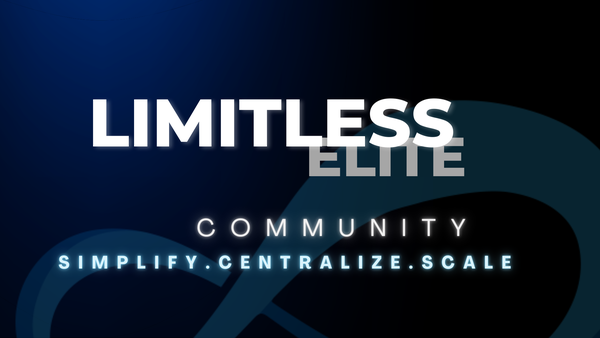 Text: “LIMITLESS ELITE COMMUNITY” with tagline “EXCLUSIVE.PROFITABLE.THRIVE” on a dark blue and black background.