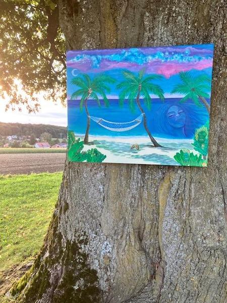 Paradise Alive Painting von Mon ira Art am Baum hängend bei Abendstimmung