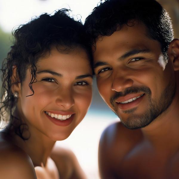 A happy couple smiling together outdoors in warm sunlight