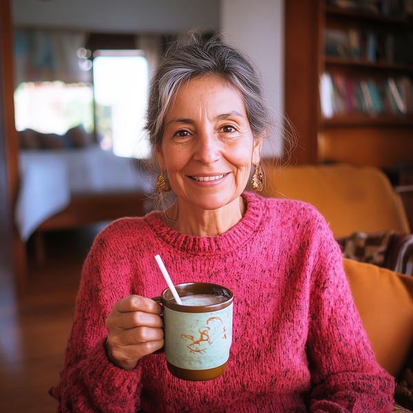 A woman relaxing with a warm drink in a bright, cozy living room