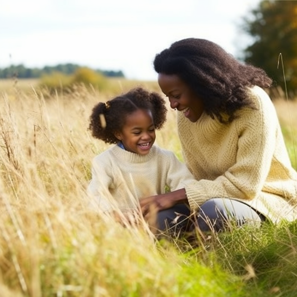 A mother and daughter laughing together in a golden sunlit field