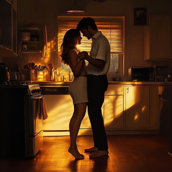 A couple sharing a warm, quiet moment together in a sunlit kitchen