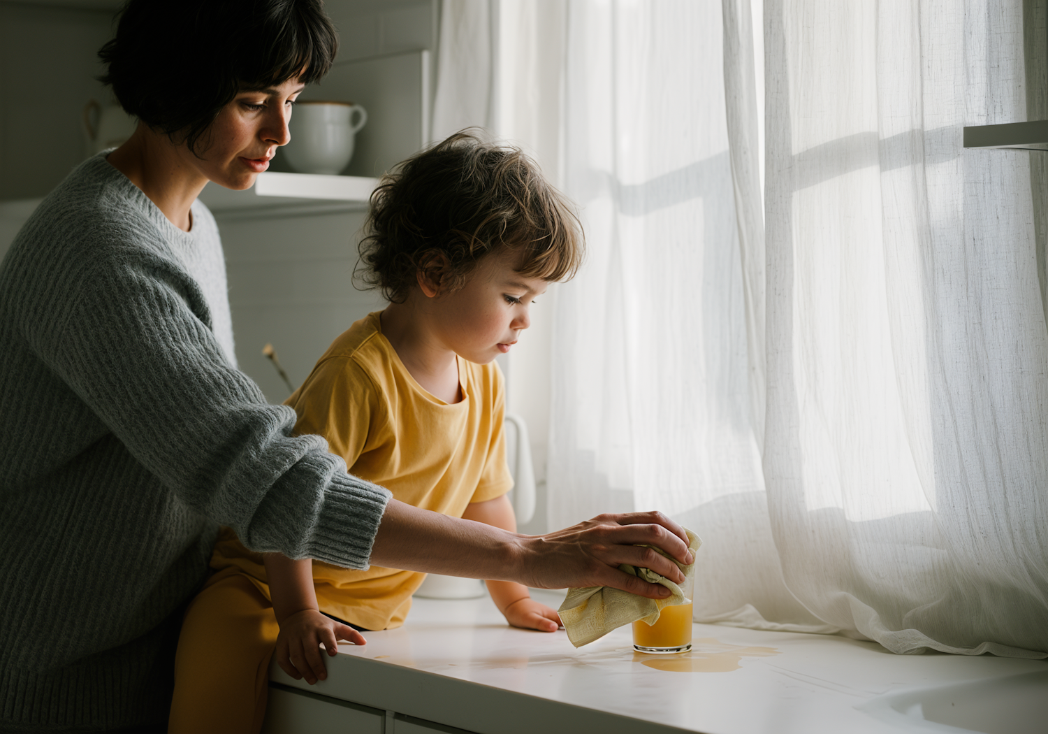 A parent and child in a bright, clean kitchen using safer home-care products