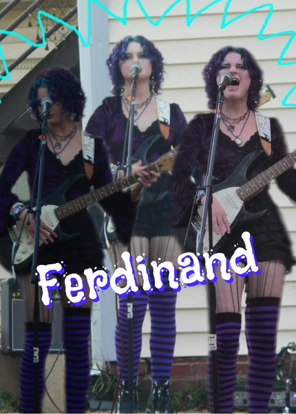 A woman in a black and purple goth-style outfit, playing guitar. There's 3 of her