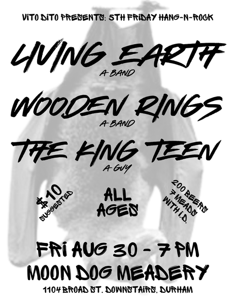 A white flyer with black text — the details laid out in the newsletter text — oaver a black and white image of a bat hanging upside down