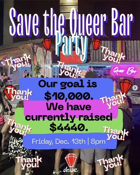 Instagram flyer with a collage of photos from a bar and the words Save the Queer Bar Party / Our goal is $10,000. We have currently raised $4440. Friday Dec. 13th, 8 pm. It also has the words Thank you! repeated all over it, and the Ruby Deluxe logo. 