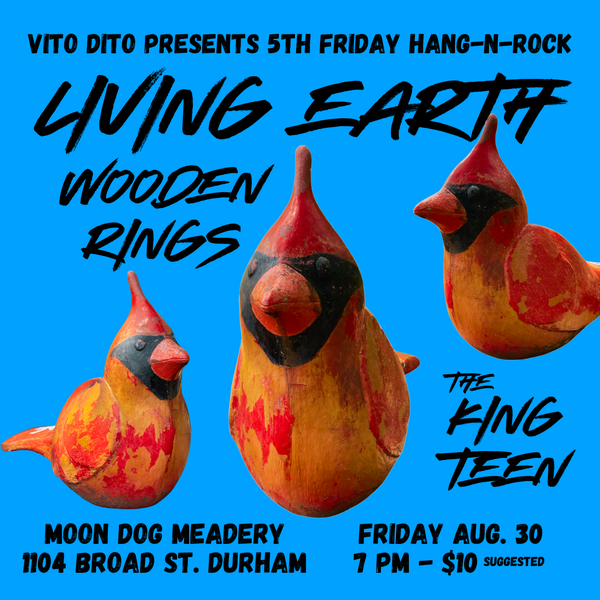 Flyer with a blue bakground featuring 3 wooden cardinals, painted orange and red,  and the details described in the text