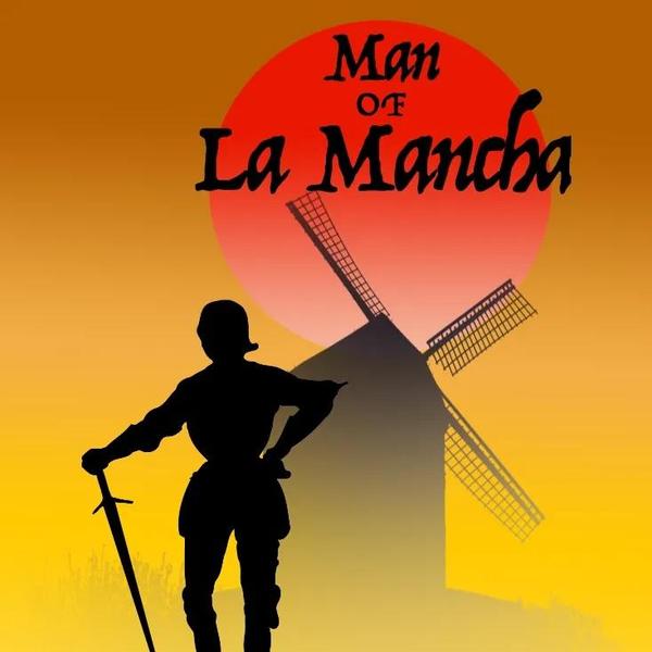 Man of La Mancha illustration with Don Quixote in silhouette in front of a windmill