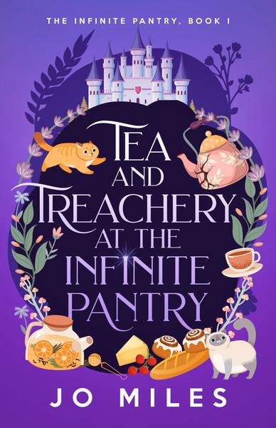 Purple book cover with cats, tea, and pastries